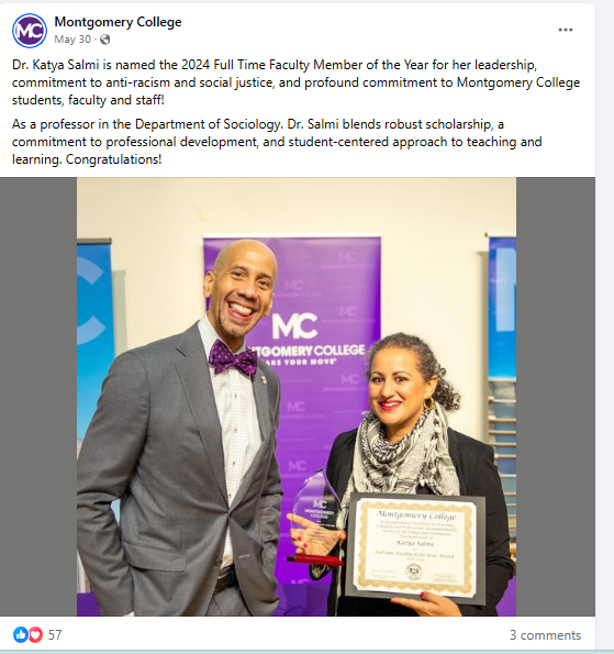 Montgomery College Names Anti-Israel Professor Faculty Member of the Year